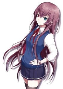 Rating: Safe Score: 0 Tags: 1girl black_legwear blue_eyes bracelet hand_on_hip heterochromia image jewelry long_hair looking_at_viewer pleated_skirt red_eyes ribbon school_uniform skirt solo striped suiseiseki sweater_vest thighhighs very_long_hair vest white_background zettai_ryouiki User: admin