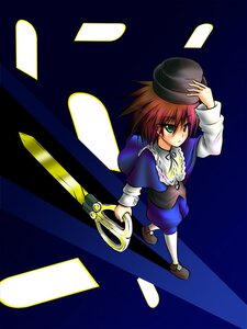 Rating: Safe Score: 0 Tags: ! 1boy 1girl from_above full_body green_eyes hat heterochromia holding image long_sleeves pants red_eyes short_hair solo souseiseki standing top_hat weapon white_legwear User: admin