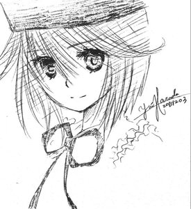 Rating: Safe Score: 0 Tags: 1girl bow bowtie dated greyscale image monochrome signature smile solo souseiseki white_background yumeki_kokoro User: admin