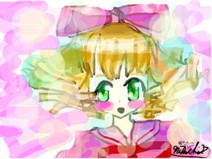 Rating: Safe Score: 0 Tags: 1girl :d auto_tagged bangs blunt_bangs bow colorful green_eyes hair_bow heart hinaichigo image looking_at_viewer open_mouth pink_bow smile solo striped upper_body User: admin