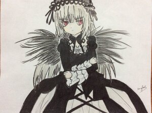 Rating: Safe Score: 0 Tags: 1girl bangs black_dress black_wings closed_mouth dress eyebrows_visible_through_hair feathered_wings feathers flower frills hair_between_eyes hairband image long_hair long_sleeves looking_at_viewer monochrome photo red_eyes rose signature solo suigintou traditional_media wings User: admin