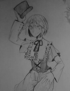 Rating: Safe Score: 0 Tags: 1girl closed_mouth frills greyscale hand_on_hip hat hat_removed headwear_removed image long_sleeves looking_at_viewer monochrome neck_ribbon ribbon saigyouji_yuyuko short_hair smile solo souseiseki traditional_media User: admin