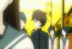 Rating: Safe Score: 0 Tags: 1boy 2girls black_hair human long_sleeves multiple_boys multiple_girls sakurada_jun school_uniform screenshot serafuku short_hair solo spiked_hair User: admin