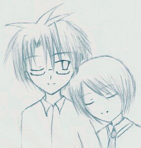 Rating: Safe Score: 0 Tags: 1boy blue_theme closed_eyes collared_shirt human image kashiwaba_tomoe monochrome necktie one_eye_closed pair sakurada_jun shirt simple_background smile upper_body User: admin