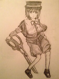 Rating: Safe Score: 0 Tags: 1girl capelet full_body hat image long_sleeves monochrome shoes short_hair shorts solo souseiseki standing User: admin