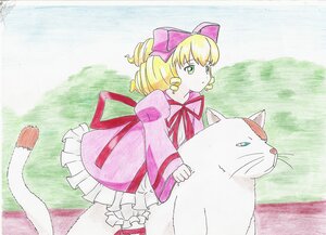 Rating: Safe Score: 0 Tags: 1girl animal blonde_hair bow cat cat_tail curly_hair day dress drill_hair frills green_eyes hina_ichigo hinaichigo image long_sleeves outdoors pantyhose pink_bow ringlets solo User: admin