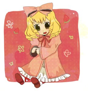 Rating: Safe Score: 0 Tags: 1girl blonde_hair bow dress drill_hair food frills fruit full_body hina_ichigo hinaichigo image long_sleeves looking_at_viewer open_mouth pink_bow pink_dress smile solo strawberry User: admin