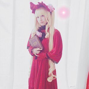 Rating: Safe Score: 0 Tags: 1girl bangs blonde_hair book bow dress flower hair_flower hair_ornament holding lips long_hair long_sleeves looking_at_viewer red_dress shinku solo traditional_media very_long_hair User: admin