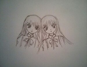 Rating: Safe Score: 0 Tags: 1girl closed_mouth graphite_(medium) image long_hair looking_at_viewer monochrome pair photo simple_background sketch smile souseiseki suiseiseki traditional_media User: admin