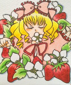 Rating: Safe Score: 0 Tags: 1girl blonde_hair bow cherry closed_eyes flower food fruit grapes hair_bow hina_ichigo hinaichigo image marker_(medium) object_namesake ribbon solo strawberry traditional_media upper_body User: admin