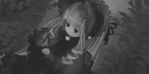 Rating: Safe Score: 0 Tags: 1girl dress frills greyscale image long_hair long_sleeves monochrome shinku solo umbrella very_long_hair wings User: admin