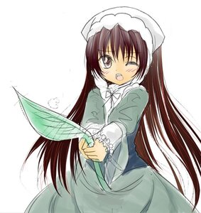 Rating: Safe Score: 0 Tags: 1girl blush brown_eyes brown_hair dress green_dress hat image long_hair long_sleeves looking_at_viewer one_eye_closed open_mouth simple_background solo suiseiseki very_long_hair white_background User: admin