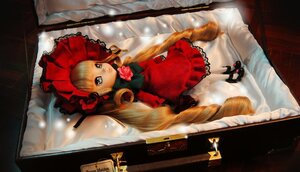 Rating: Safe Score: 0 Tags: 1girl bangs blonde_hair blue_eyes bonnet bow doll dress frills long_hair long_sleeves looking_at_viewer red_dress shinku solo User: admin