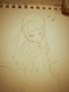 Rating: Safe Score: 0 Tags: 1girl dress image long_hair long_sleeves looking_at_viewer maid_headdress monochrome photo shinku sketch solo traditional_media upper_body User: admin
