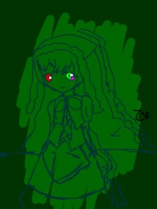 Rating: Safe Score: 0 Tags: 1girl bow cowboy_shot dress green_background green_theme image looking_at_viewer monochrome short_hair solo standing suiseiseki User: admin