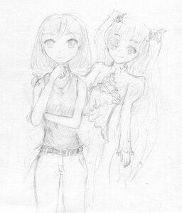 Rating: Safe Score: 0 Tags: 2girls belt dress greyscale hair_ornament image kirakishou long_hair looking_at_viewer monochrome multiple_girls sketch smile solo User: admin