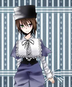 Rating: Safe Score: 0 Tags: 1girl blue_dress brown_hair capelet cowboy_shot dress frills green_eyes heterochromia image long_sleeves looking_at_viewer red_eyes ribbon short_hair solo souseiseki text_focus User: admin
