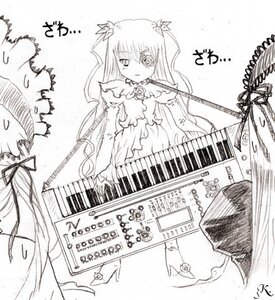 Rating: Safe Score: 0 Tags: 2girls barasuishou dress eighth_note electric_guitar gloves greyscale guitar hair_ribbon image instrument kaname_madoka long_hair monochrome multiple_girls musical_note ribbon solo two_side_up ultimate_madoka User: admin