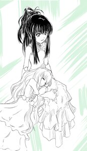 Rating: Safe Score: 0 Tags: 2girls blush closed_eyes dress hakurei_reimu image long_hair monochrome multiple_girls ponytail smile unknown_characters very_long_hair User: admin