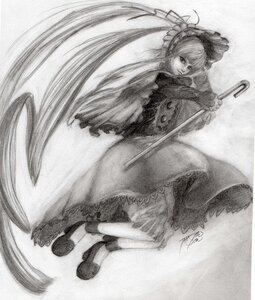 Rating: Safe Score: 0 Tags: 1girl dress frills full_body greyscale image long_hair long_sleeves looking_at_viewer looking_back monochrome shinku shoes signature solo traditional_media umbrella very_long_hair User: admin