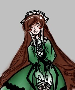 Rating: Safe Score: 0 Tags: 1girl brown_hair dress green_dress grey_background image long_hair long_sleeves one_eye_closed red_eyes simple_background smile solo suiseiseki very_long_hair User: admin