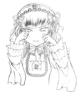 Rating: Safe Score: 0 Tags: 1girl auto_tagged dress frills greyscale hair_ribbon hairband image long_sleeves looking_at_viewer monochrome ribbon simple_background solo suigintou upper_body white_background User: admin