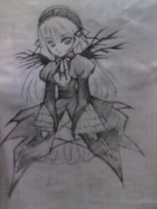 Rating: Safe Score: 0 Tags: 1girl dress floating_hair frills greyscale hairband holding holding_weapon image long_hair long_sleeves monochrome pointy_ears rain solo standing suigintou weapon wings User: admin