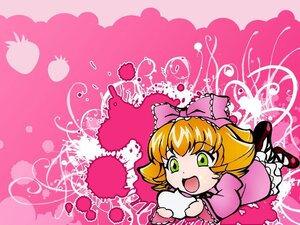 Rating: Safe Score: 0 Tags: 1girl 86800 :d blonde_hair bow dress food green_eyes hair_bow hina_ichigo hinaichigo image looking_at_viewer open_mouth pink_background pink_bow shoes short_hair smile solo User: admin