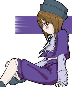 Rating: Safe Score: 0 Tags: 1girl blush brown_hair capelet frills hat image long_sleeves purple_headwear red_eyes short_hair sitting socks solo souseiseki white_legwear User: admin