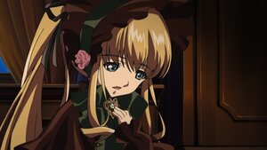 Rating: Safe Score: 0 Tags: 1girl blonde_hair blue_eyes bonnet curtains flower image long_hair long_sleeves looking_at_viewer pink_rose rose shinku solo twintails upper_body User: admin