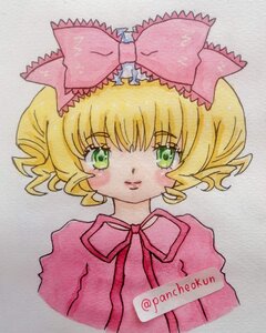 Rating: Safe Score: 0 Tags: 1990s_(style) 1girl artist_name bangs blonde_hair bow dress eyebrows_visible_through_hair green_eyes hair_bow hina_ichigo hinaichigo image looking_at_viewer pink_bow pink_neckwear puffy_sleeves short_hair simple_background solo traditional_media upper_body User: admin