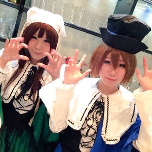 Rating: Safe Score: 0 Tags: 2girls bangs black_eyes black_hair brown_hair dress hat long_hair looking_at_viewer multiple_cosplay multiple_girls short_hair smile tagme User: admin