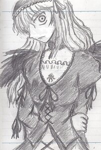 Rating: Safe Score: 0 Tags: 1girl choker dress frills greyscale hairband image lolita_hairband long_hair long_sleeves looking_at_viewer monochrome solo suigintou traditional_media User: admin