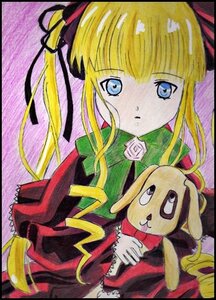 Rating: Safe Score: 0 Tags: 1girl black_border blonde_hair blue_eyes border bow bowtie dress flower green_bow image long_hair long_sleeves looking_at_viewer pink_rose rose shinku sidelocks solo stuffed_animal traditional_media twin_drills User: admin