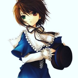 Rating: Safe Score: 0 Tags: 1girl black_ribbon brown_hair capelet dress frills green_eyes hat hat_removed headwear_removed heterochromia holding image long_sleeves looking_at_viewer red_eyes ribbon short_hair simple_background solo souseiseki striped vertical_stripes User: admin