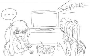 Rating: Safe Score: 0 Tags: ... 2girls barasuishou bowl chopsticks eating food fruit greyscale image long_hair monochrome multiple_girls shinku solo spoken_ellipsis twintails User: admin