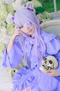 Rating: Safe Score: 0 Tags: 1girl bangs barasuishou blunt_bangs blurry blurry_background depth_of_field dress eyepatch flower long_hair looking_at_viewer one_eye_covered purple_eyes rose sitting skull solo white_rose yellow_eyes User: admin