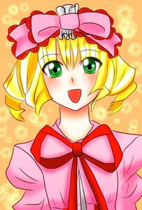 Rating: Safe Score: 0 Tags: 1girl :d blonde_hair bow green_eyes hair_bow hina_ichigo hinaichigo image looking_at_viewer open_mouth orange_background pink_bow ribbon short_hair smile solo upper_body User: admin