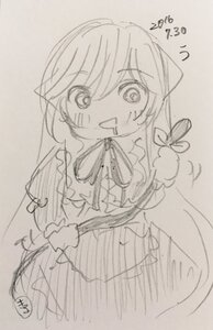 Rating: Safe Score: 0 Tags: 1girl blush_stickers eyebrows_visible_through_hair hair_between_eyes image long_hair looking_at_viewer monochrome open_mouth signature sketch smile solo suiseiseki traditional_media very_long_hair User: admin