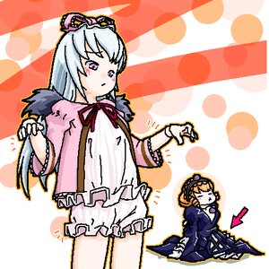 Rating: Safe Score: 0 Tags: 2girls bloomers dress frills halftone_background hat long_hair multiple_girls polka_dot polka_dot_background purple_eyes ribbon silver_hair User: admin