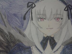 Rating: Safe Score: 0 Tags: 1girl bangs black_ribbon black_wings detached_collar dress eyebrows_visible_through_hair flower hairband head_tilt image long_hair looking_at_viewer red_eyes ribbon rose smile solo suigintou traditional_media User: admin