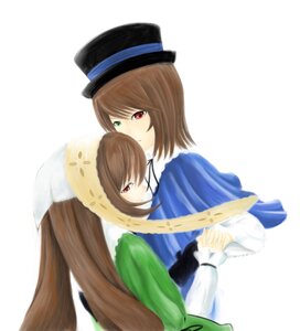 Rating: Safe Score: 0 Tags: 2girls auto_tagged blue_dress brown_hair dress green_dress hat head_scarf heterochromia holding_hands image incest interlocked_fingers long_hair long_sleeves looking_at_viewer multiple_girls pair red_eyes short_hair siblings sisters smile souseiseki striped suiseiseki top_hat twins very_long_hair white_background User: admin