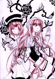 Rating: Safe Score: 0 Tags: 2girls dress frills green_eyes hat heterochromia image long_hair long_sleeves looking_at_viewer multiple_girls pair red_eyes ribbon siblings sisters souseiseki suiseiseki twins very_long_hair User: admin