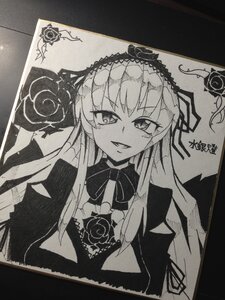 Rating: Safe Score: 0 Tags: 1girl dress flower gothic_lolita greyscale hairband image lolita_fashion long_hair looking_at_viewer monochrome rose smile solo suigintou traditional_media upper_body User: admin