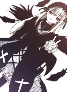 Rating: Safe Score: 0 Tags: 1girl bangs black_dress black_wings blush closed_mouth dress eyebrows_visible_through_hair feathers frills gothic_lolita hairband image long_hair long_sleeves looking_at_viewer red_eyes smile solo suigintou thighhighs v white_background wings User: admin