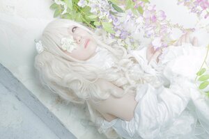 Rating: Safe Score: 0 Tags: 1girl bangs bare_shoulders bouquet dress flower hair_flower hair_ornament kirakishou lips long_hair sitting solo white_dress white_flower white_hair white_rose white_theme User: admin