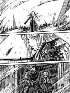 Rating: Safe Score: 0 Tags: comic greyscale image long_hair monochrome multiple_girls pair shinku suigintou sword weapon User: admin
