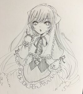 Rating: Safe Score: 0 Tags: 1girl bangs blush bow dress eyebrows_visible_through_hair frills greyscale image long_hair long_sleeves looking_at_viewer monochrome parted_lips ribbon solo suiseiseki traditional_media twitter_username very_long_hair User: admin
