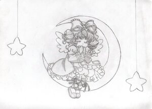 Rating: Safe Score: 0 Tags: 1girl bow closed_eyes dress frills hakurei_reimu hinaichigo image monochrome shoes solo star_(symbol) star_print starfish starry_background traditional_media wings User: admin