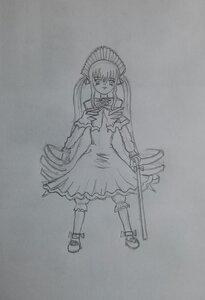 Rating: Safe Score: 0 Tags: 1girl closed_mouth dress full_body greyscale image long_hair long_sleeves looking_at_viewer monochrome pointy_ears shinku sidelocks simple_background solo standing traditional_media very_long_hair User: admin
